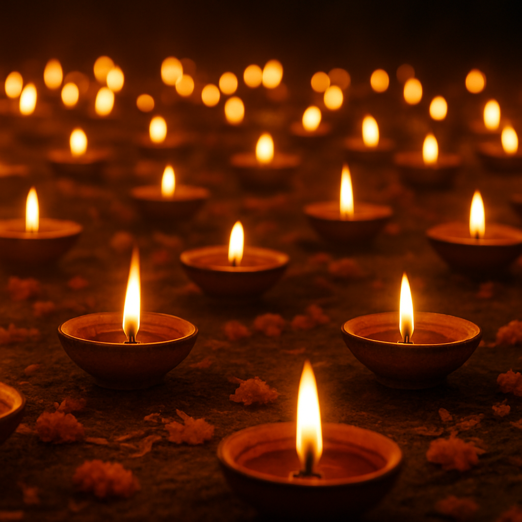 Rows of glowing diya oil lamps