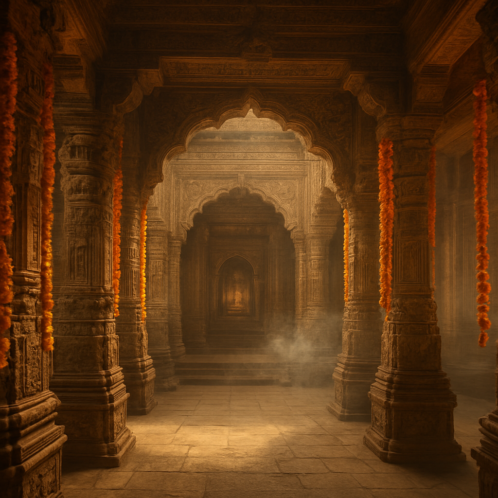 Ornate temple interior with garlands
